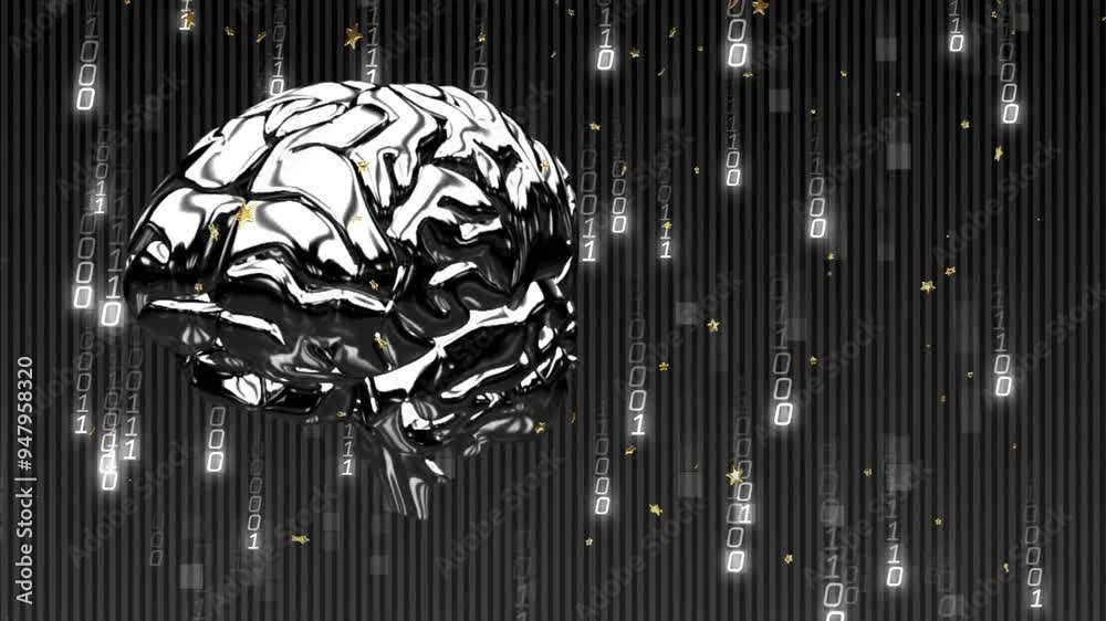 Poster binary code and brain model animation over dark vertical lines background
