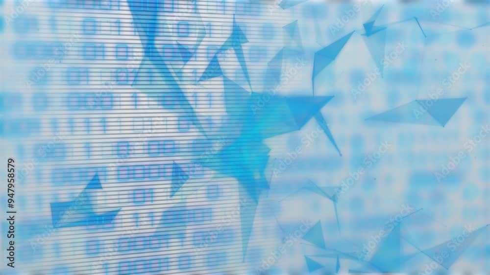 Poster binary code and geometric shapes animation over blue abstract background
