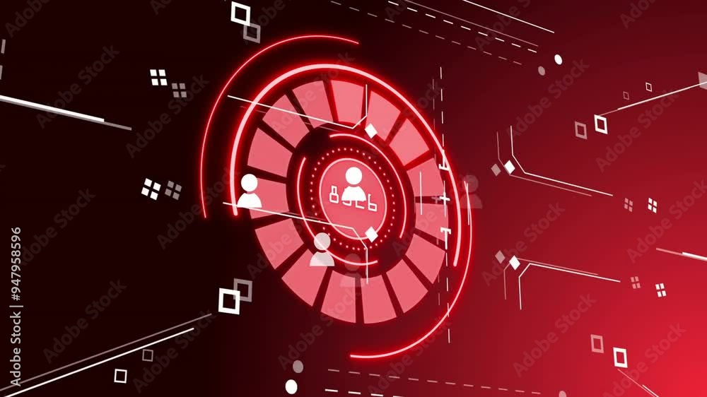 Poster red circular data visualization animation showing user count of 1587