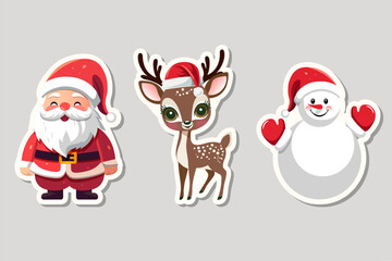 Xmas stickers. Cute winter characters set Santa, deer, snowman. Merry Christmas concept.
