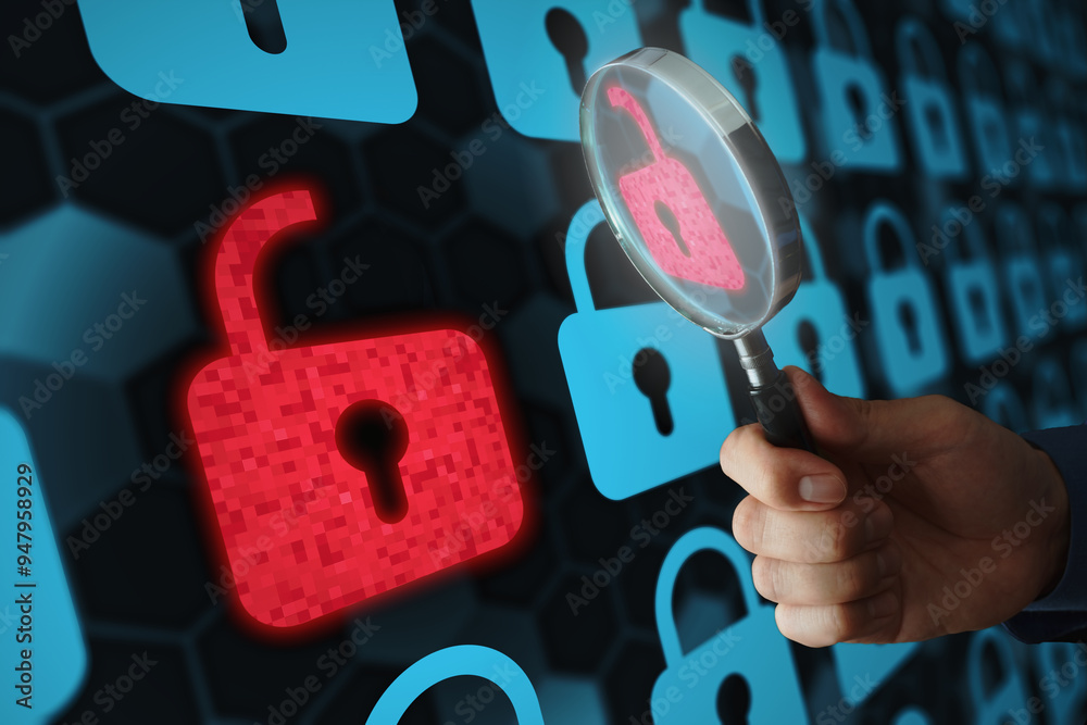 Aufkleber Security engineer identifying information security vulnerability in internet network system. Unlocked padlock icon and many other locked padlock icons. Hand holding magnifying glass.