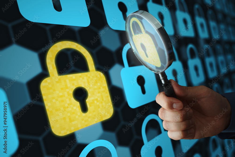 Aufkleber Concept image of information security technology in business. Secure computer and internet networks. System engineer analyzing padlock icons with a magnifying glass.