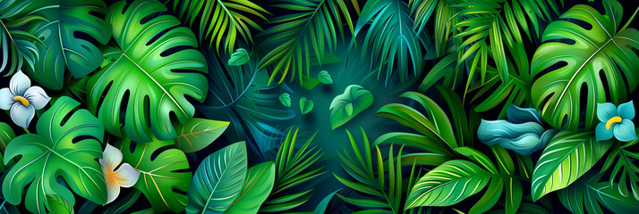 A lush green jungle with a variety of plants and flowers. The image is vibrant and full of life, with a sense of adventure and exploration