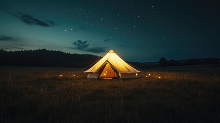 A serene view of a festival tent with decorative lighting, standing alone in a field under a starry sky.