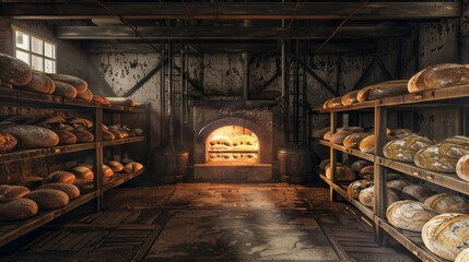 Fototapeta premium Fiery Bread Industrial Oven Baking Fresh Loaves in Glowing Heat