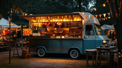 A food truck parked at a festival site, with decorative lights and banners but no people around.