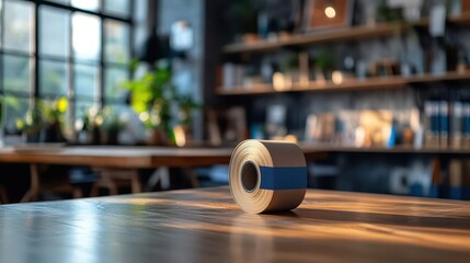 Tape dispenser with roll on a desk, ready for use