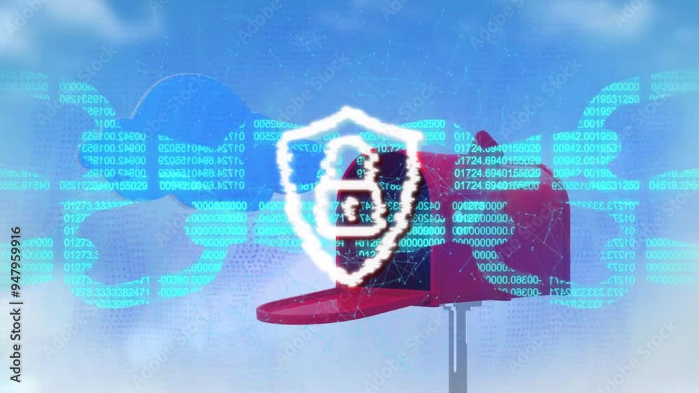 Poster cybersecurity shield animation over red airplane with binary code