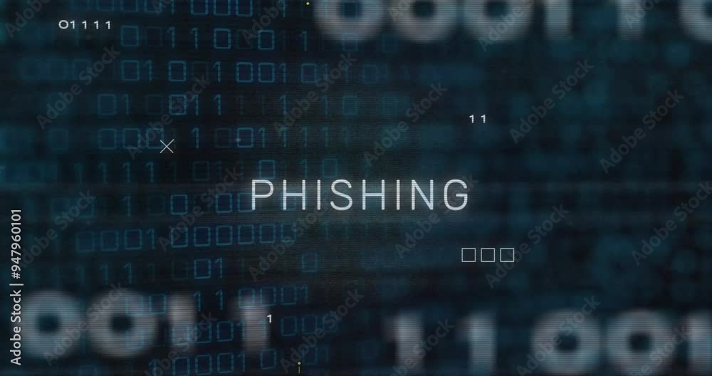 Poster phishing text animation over binary code and digital data background