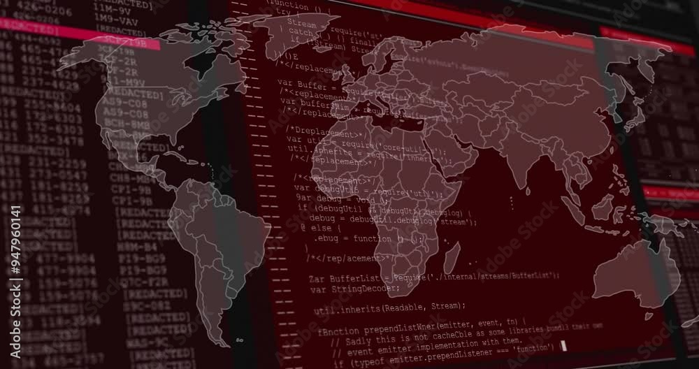 Poster world map and programming code, cybersecurity animation