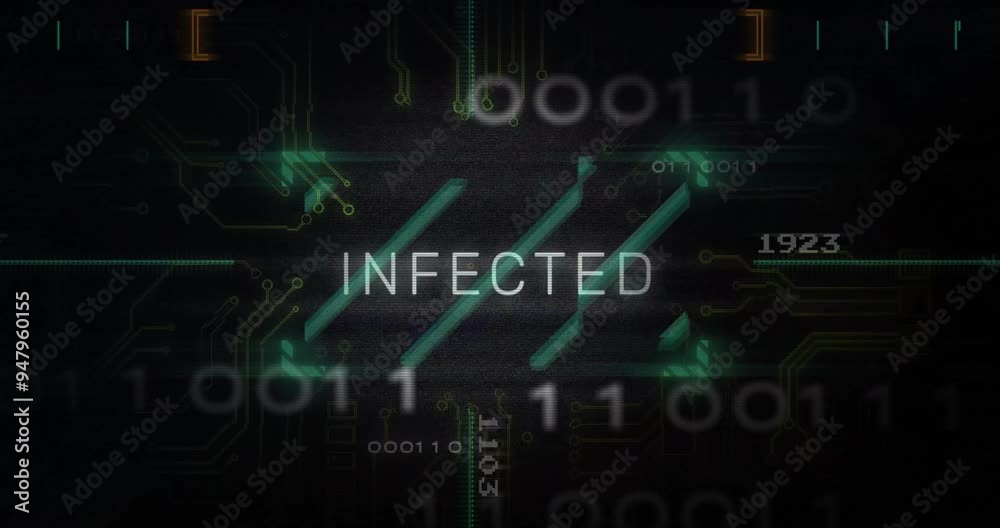 Aufkleber infected text animation over digital circuit board and binary code background