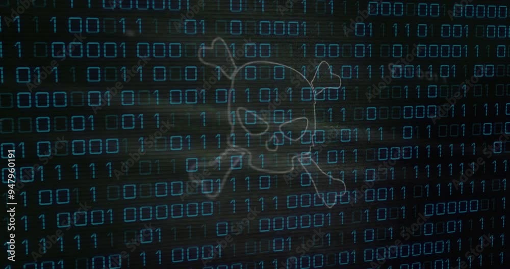 Poster binary code and skull with crossbones animation, representing cybersecurity threat