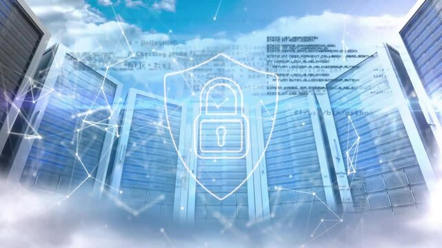 Lock and shield security animation over data servers and cloud computing infrastructure