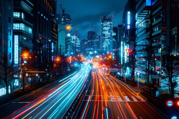Obraz premium Vibrant Nightscape of a City with Dynamic Light Trails