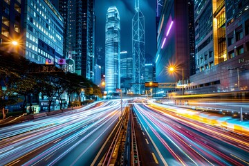 Naklejka premium Vibrant Nightscape of a Bustling City with Light Trails