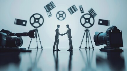 Obraz premium Cinematic Collaboration Two Figures Shake Hands Amidst Film Reels and Cameras Perfect for Multimedia Agreements in the Film Industry