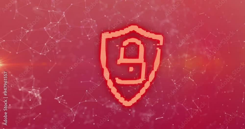 Poster digital security lock animation over red background with connecting network lines
