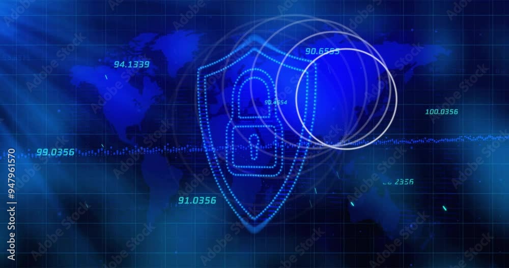 Poster digital security shield and data encryption animation over world map background