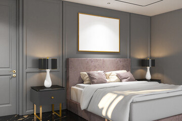 3d render of luxury bedroom side the window interior design with profile panel & frame mockup. Black marble floor, gray wall backdrop and white ceiling. Set 7