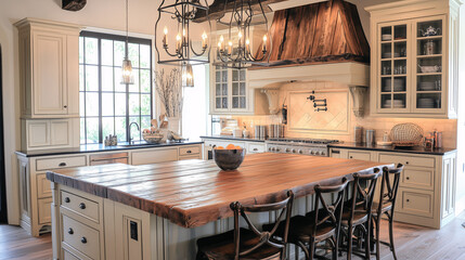 An elegant French country kitchen showcasing pastel-colored cabinetry, a large wooden island, and wrought iron light fixtures