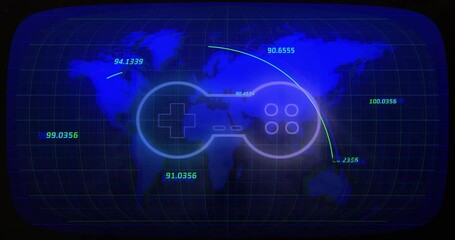 Game controller and coordinates animation over world map with blue grid - Powered by Adobe