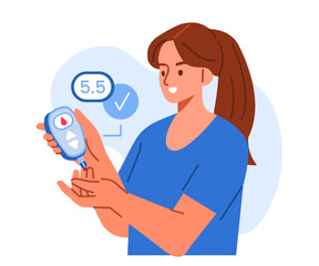 Woman with diabetes checks monitor blood sugar level with glucometer. Vector illustration.