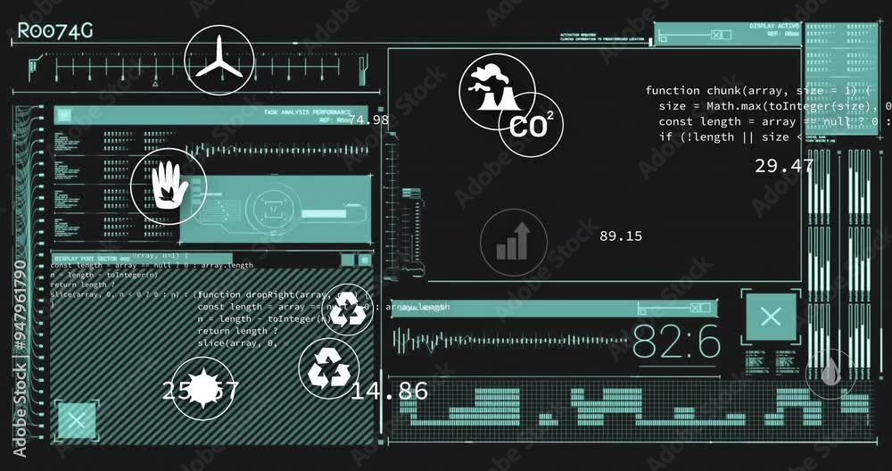 Poster environmental data and statistics animation over digital interface with various icons