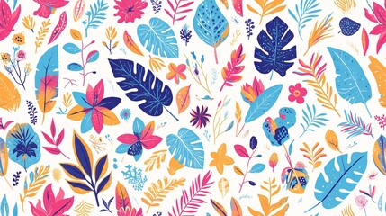 exotic pattern with pink, turquoise and magenta leaves and flowers, bold lines, flat colors on a colorful pink background