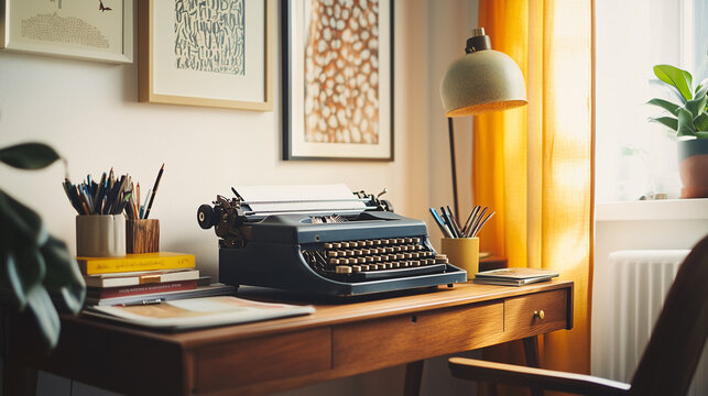 An office corner with a vintage typewriter on a mid-century modern desk, a mix of modern art prints, a stack of design magazines, and a quirky desk lamp. 