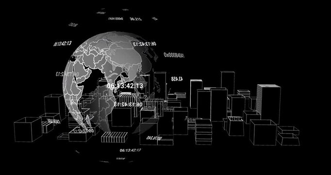 Digital world map and data codes animation over wireframe cityscape - Powered by Adobe