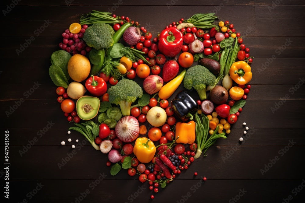 Wall mural vegetable fruit food arrangement.