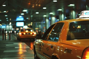 Line of taxis is waiting for passengers on a parking lot at night