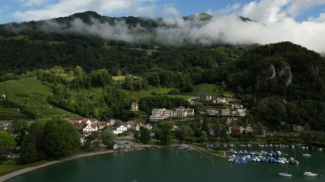 Village on Walensee lake Linth Wessen in Switzerland, nature landscape