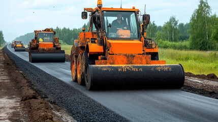 Orange road rollers compressing the newly laid asphalt on a road construction site surrounded by greenery and trees.