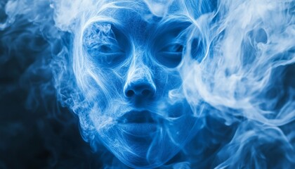 Fototapeta premium Eerie Blue Spectral Face with Glowing Eyes in a Misty Dark Background