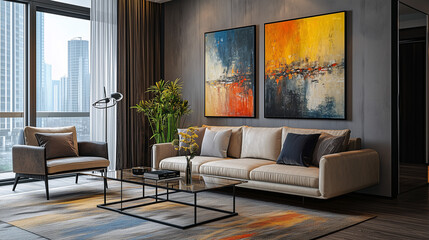 Fototapeta premium Contemporary living room in an urban apartment, decorated with modern art on the walls, a plush sofa, and a glass coffee table, emphasizing style and sophistication