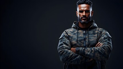 Obraz premium Camouflaged Soldier Stands Tough with Arms Crossed in 3D Render