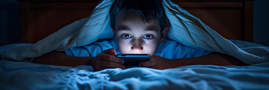 Young Boy Under Blanket Using Smartphone in Bed at Night, Technology Addiction Concept.