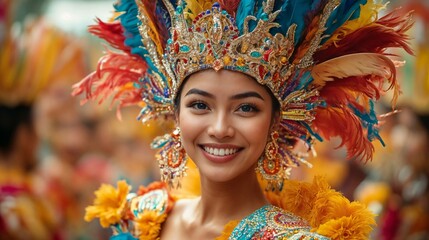A woman wears a colorful feathered headdress and smiles brightly