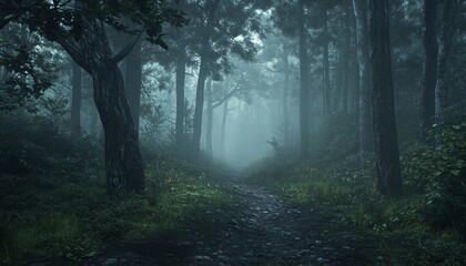 Obraz premium Spooky Forest Filled with Dense Fog and Silhouetted Trees in Eerie Twilight