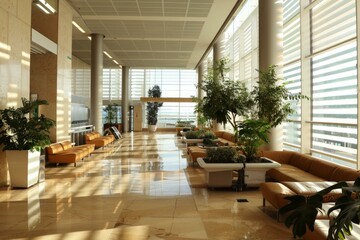 Obraz premium Empty modern office lobby with large windows allowing warm sunlight to brighten the room