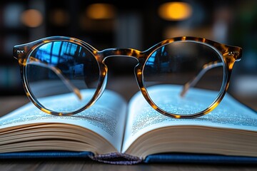 A pair of glasses is sitting on top of an open book