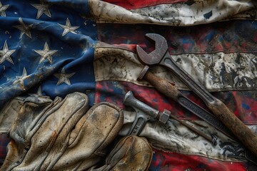 Happy Labor day concept. American flag with different construction tools on dark wooden background, Worn work glove holding old wrench and US American flag. labor day, happy labor day