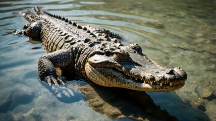 Obraz premium Large crocodile top-down view in shallow water