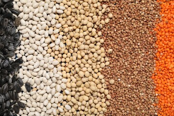 Fototapeta premium Different types of cereals, legumes and seeds as background, top view