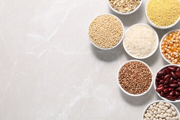 Different types of legumes and cereals in bowls on light marble table, flat lay. Space for text