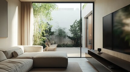 Fototapeta premium A small, modern living room with a narrow design, minimalist furnishings, and a large window overlooking a courtyard.