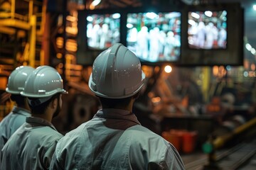 Close up of a group of workers in a steel plant watching a screen with a live video. The workers wear uniforms and white helmets, shown from their back view, with a steel mill background creating 