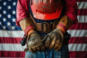 Close-up of industrial employee with protective gear and American flag in maintenance worker employment support concept of labro day, Memorial day, 4th july, Happy labor day