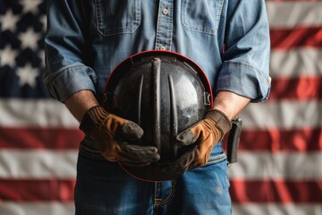 Close-up of industrial employee with protective gear and American flag in maintenance worker employment support concept of labro day, Memorial day, 4th july, Happy labor day